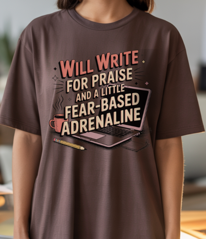 Person wearing a brown t-shirt with a humorous text design.
