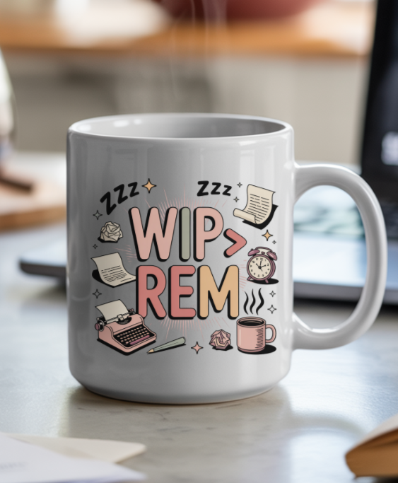 White mug with 'WIP > REM' text and icons on a desk with a laptop and steaming cup in the background